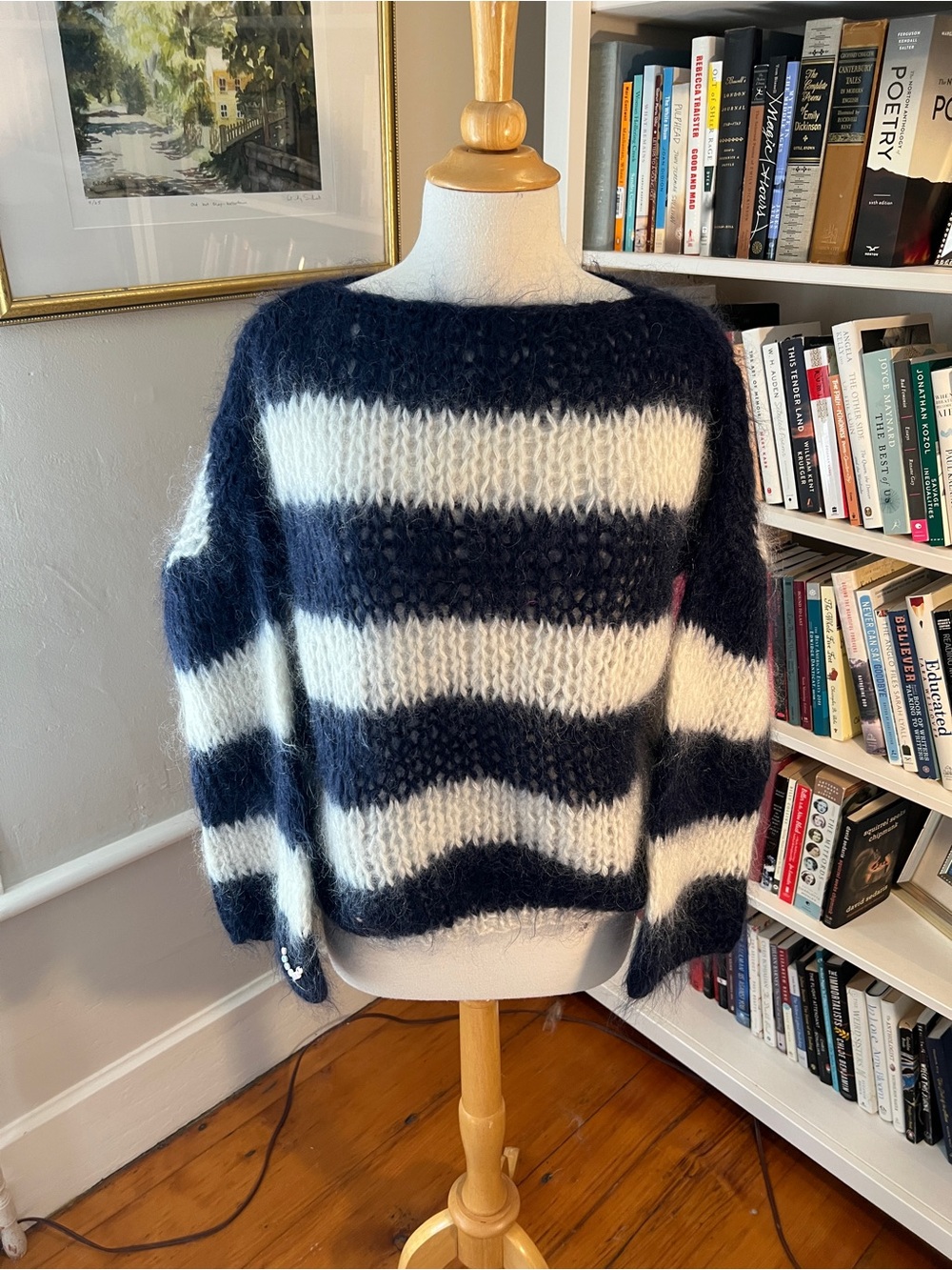 Fuzzy Striped Crewneck Sweater in Navy and Cream